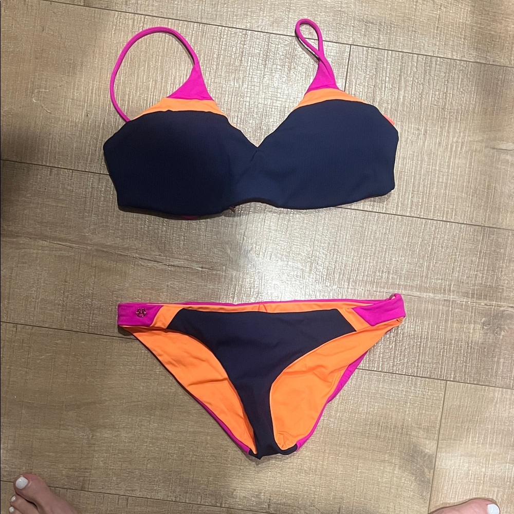 Maaji Navy, Pink & Orange Colorblock Bikini Set small bottoms large top